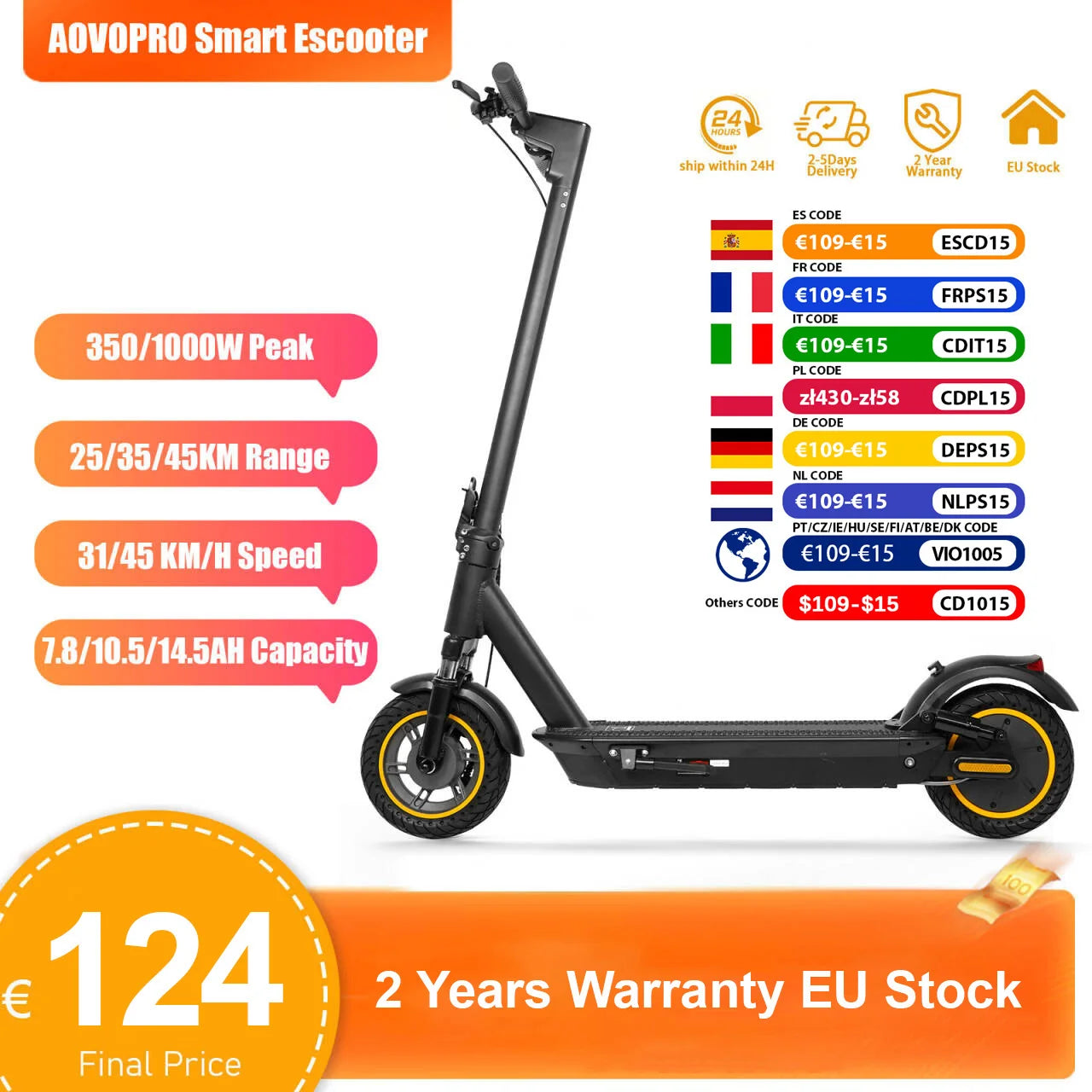 AOVOPRO Upgrate Smart App E-Scooter - Kapazität 7.8/10.5Ah, Leistung 350W/500W, Reichweite 25-45 KM