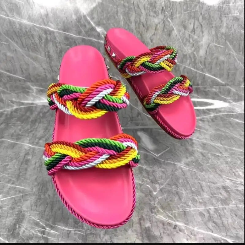 Multi Color Twists Crosst-tied Rivets Embellished Slingback Sandals Slides Women Peep Toe Slip-on Thick Sole Flats Beach Shoes