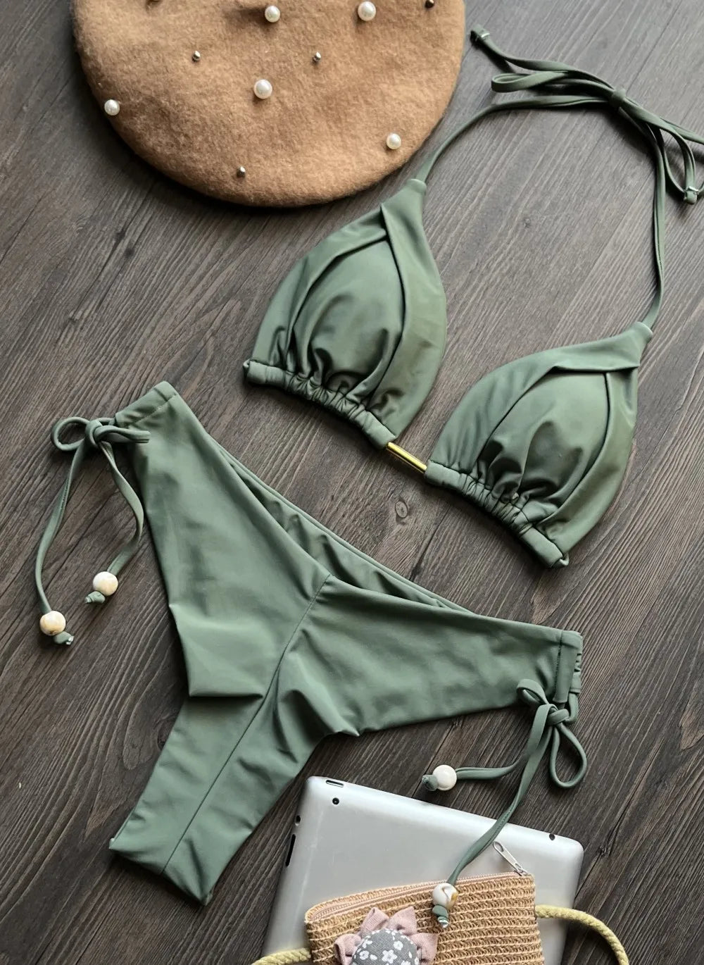 Damen Bikini Set 2025 - Dreieck Badeanzug Brasilianisch Halter Push-Up Metallkette
