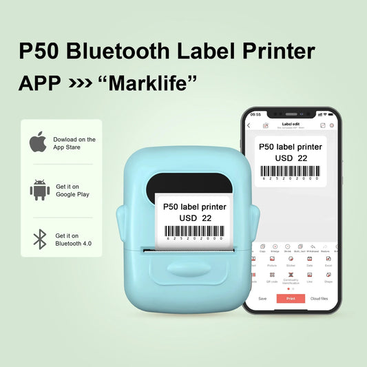 MARKLife P50 Bluetooth Etikettendrucker - Thermischer Mini Drucker für Barcode & Preisschilder