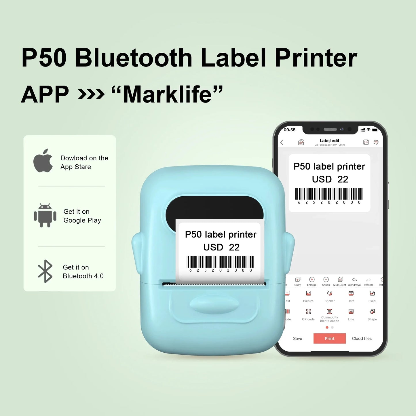 MARKLife P50 Bluetooth Etikettendrucker - Thermischer Mini Drucker für Barcode & Preisschilder