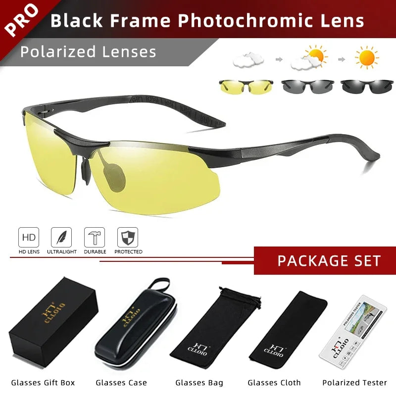 CLLOIO Ochelari de soare fotocromatici fără ramă din aluminiu CLLOIO, viziune de zi și noapte, anti-orbire, pentru bărbați, ochelari de soare polarizați pentru condus, ochelari de pescuit pentru călătorii