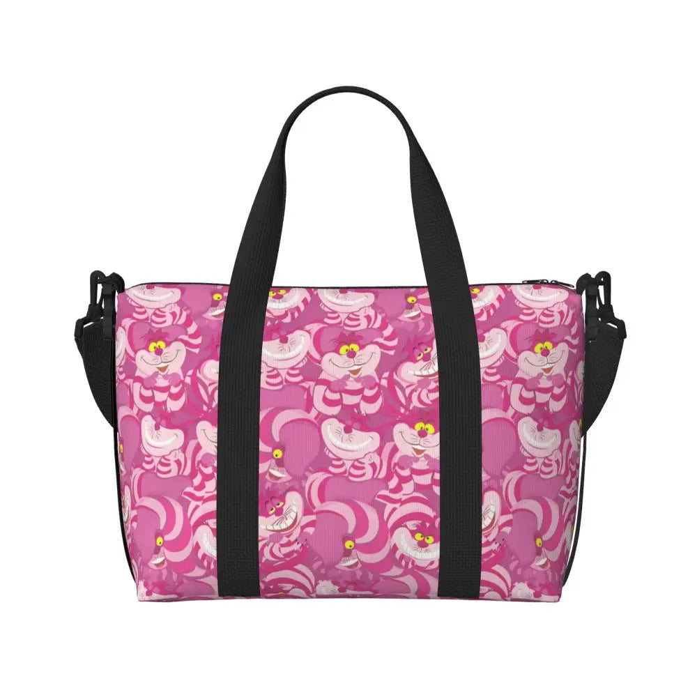 Geantă de plajă personalizată cu pisica Cheshire pentru femei, cu compartiment mare pentru sală și plajă, We're All Mad Here Cat