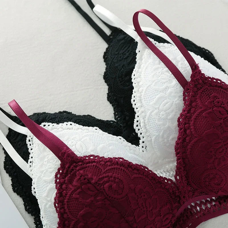 Lace Embroidery Bra Women elegant Deep V Underwear Floral Brassiere Stretch Seamless Push Up Lingerie Bralette Triangle Cup Padded