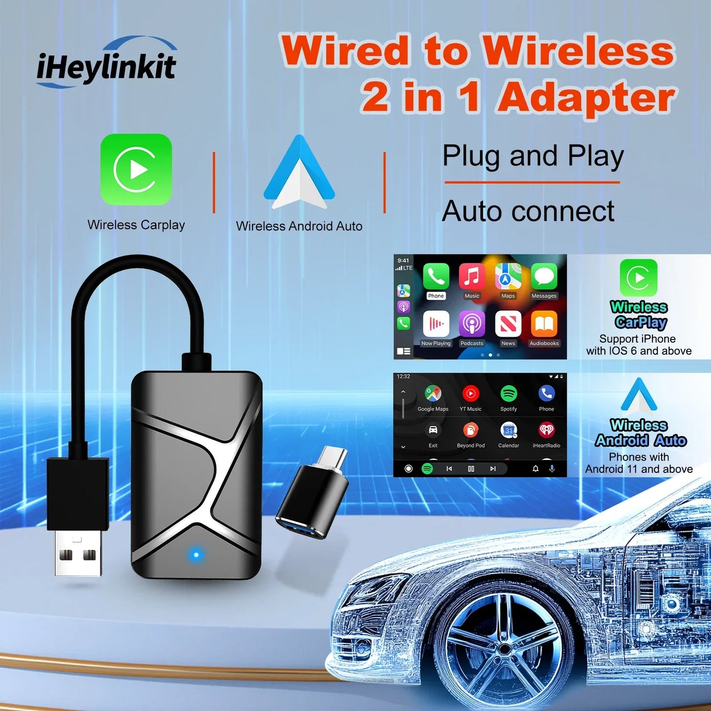 IHeylinkit 2024 New 2 In 1 Mini Wireless Carplay Android auto Wireless Adapter Smart connectivity for most vehicle models - Golden Bridge Store