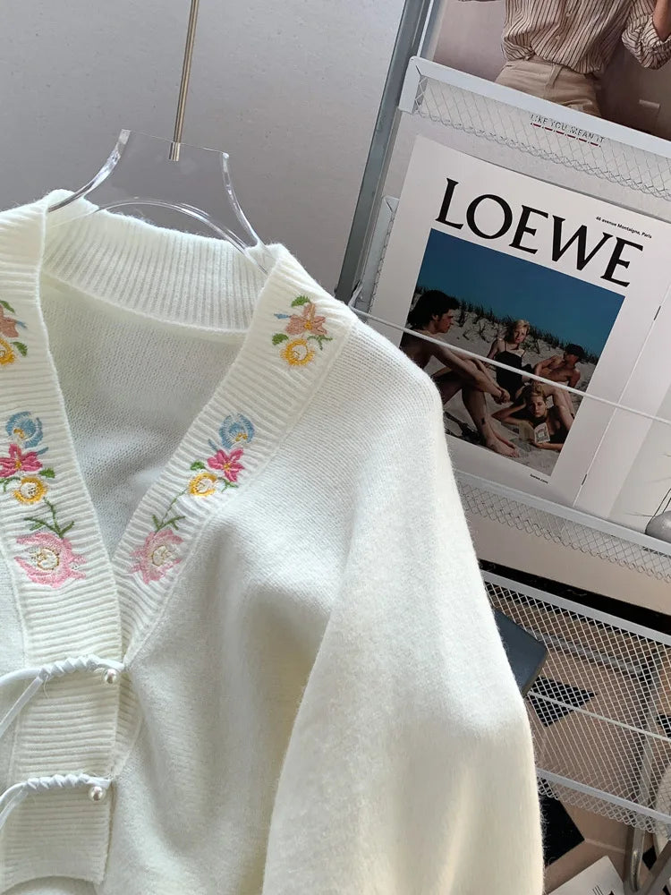 Cardigan BONNTEECN cu decolteu în V și broderie - Lungime scurtă 10-40 cm, Greutate material 120-220 g