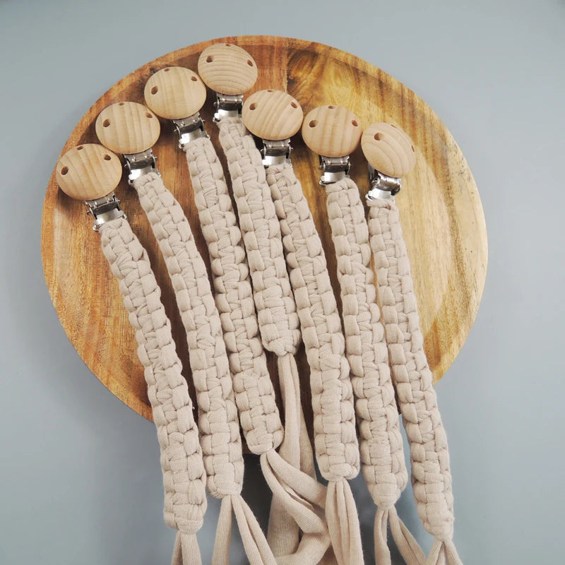 Baby Pacifier Chain Hand Braided Cotton Cloth Handmade Heart Shape Wooden Dummy Pacifier Clips For Nursing Teether Shower Gifts