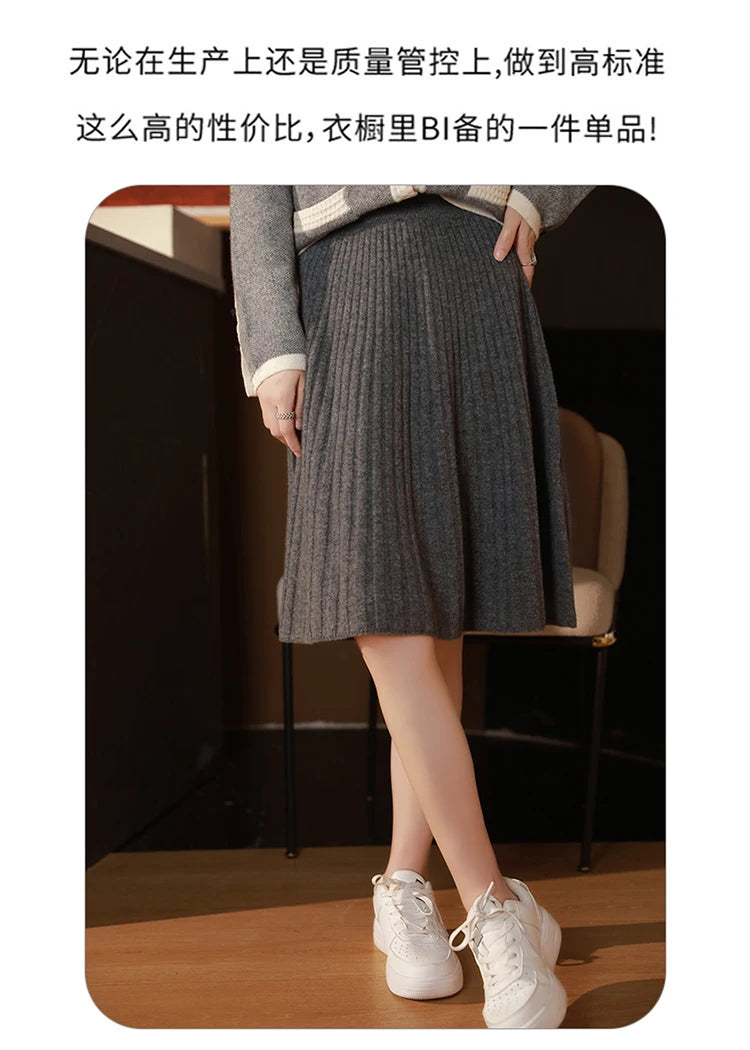 Fustă elegantă pentru femei, 100% lână, tricotată, modă coreeană, solidă, casual, linie A, plisată, scurtă, primăvară șic, talie înaltă, fustă