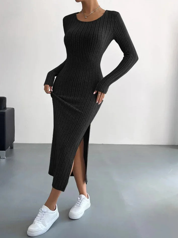 Damen Kleid 2025 - Casual Elegant Women Dresses Autumn Winter Long Sleeve Round Neck Split