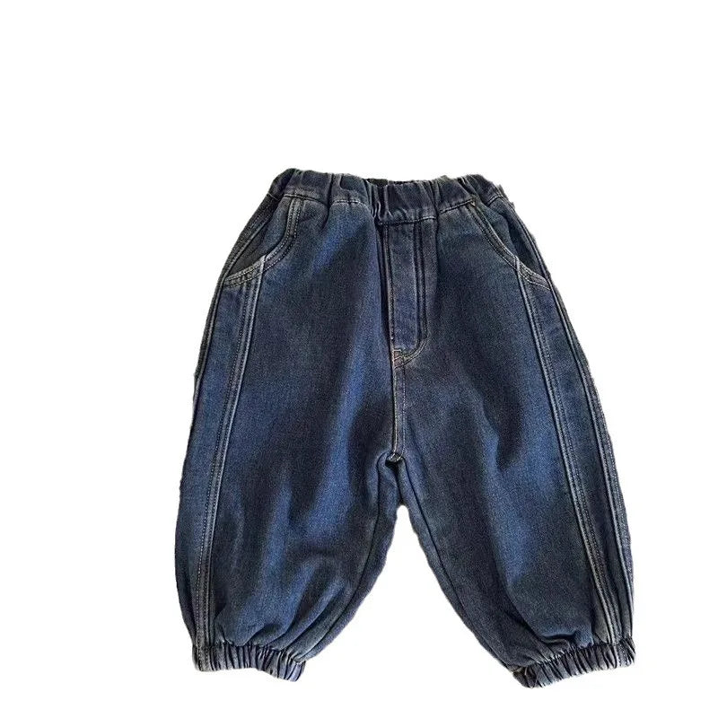Jeans For 1-8Y Boys Autumn Winter Solid Spliced Cotton Kids Boys Trousers Fashion Velvet Thicken Children Boys Warm Jogger Pants