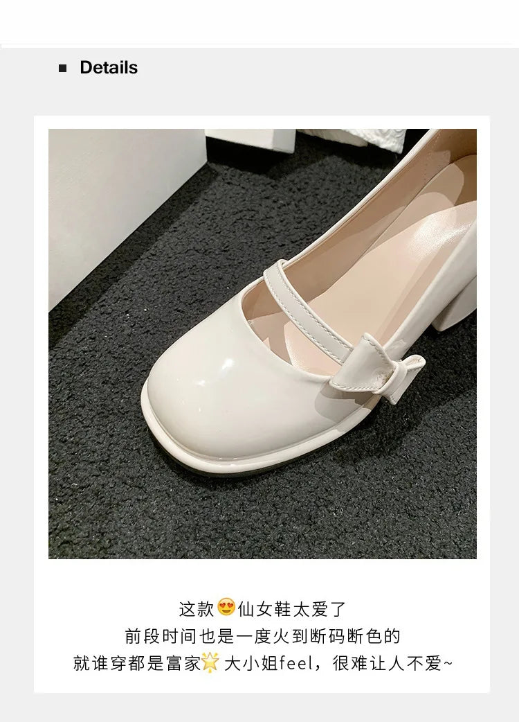 Elegant Heel Shoes Ladies 8cm High Heel Bowknot Solid Mary Jane Zapatos Adult Dress Pink White Black Cosplay Footwear
