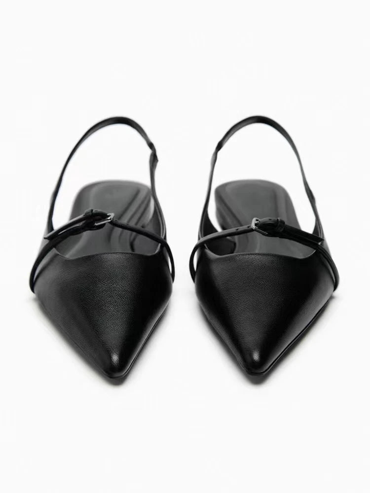 Slingback Flat Bottom Women Sandals Summer Black Leather Pointed Woman Ballet Shoes Fashion Low-heel Woman Shoes