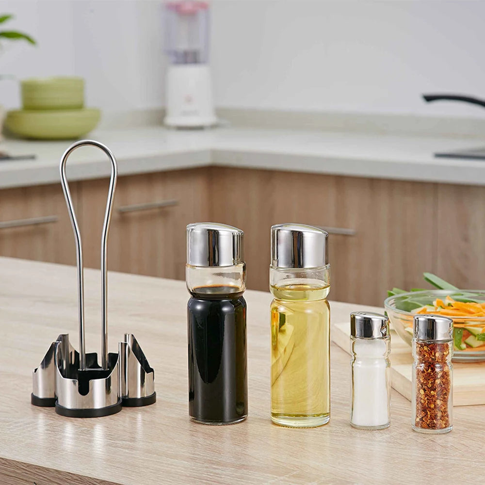 Seasoning Bottle Set Condiment Holder Rack 4 in 1 Oil Vinegar Dispensers Salt Pepper Shakers Glass Cruet Set with Caddy Stand