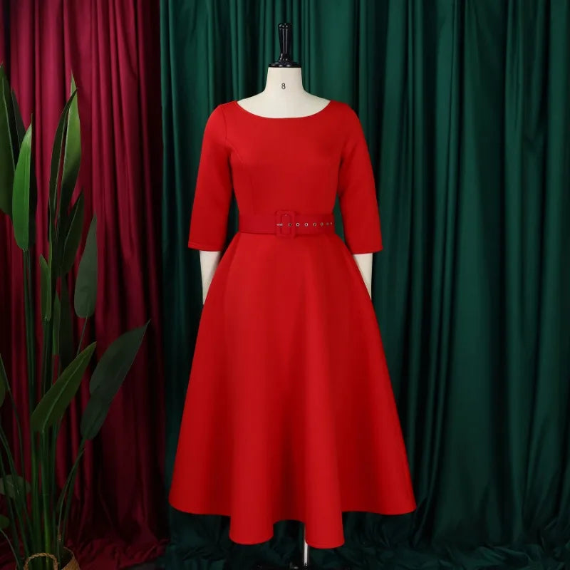 Elegant Women Party Dresses A Line with Waist Belt Three Quarter Sleeves Classy Office Ladies Wedding Guest Gowns Female
