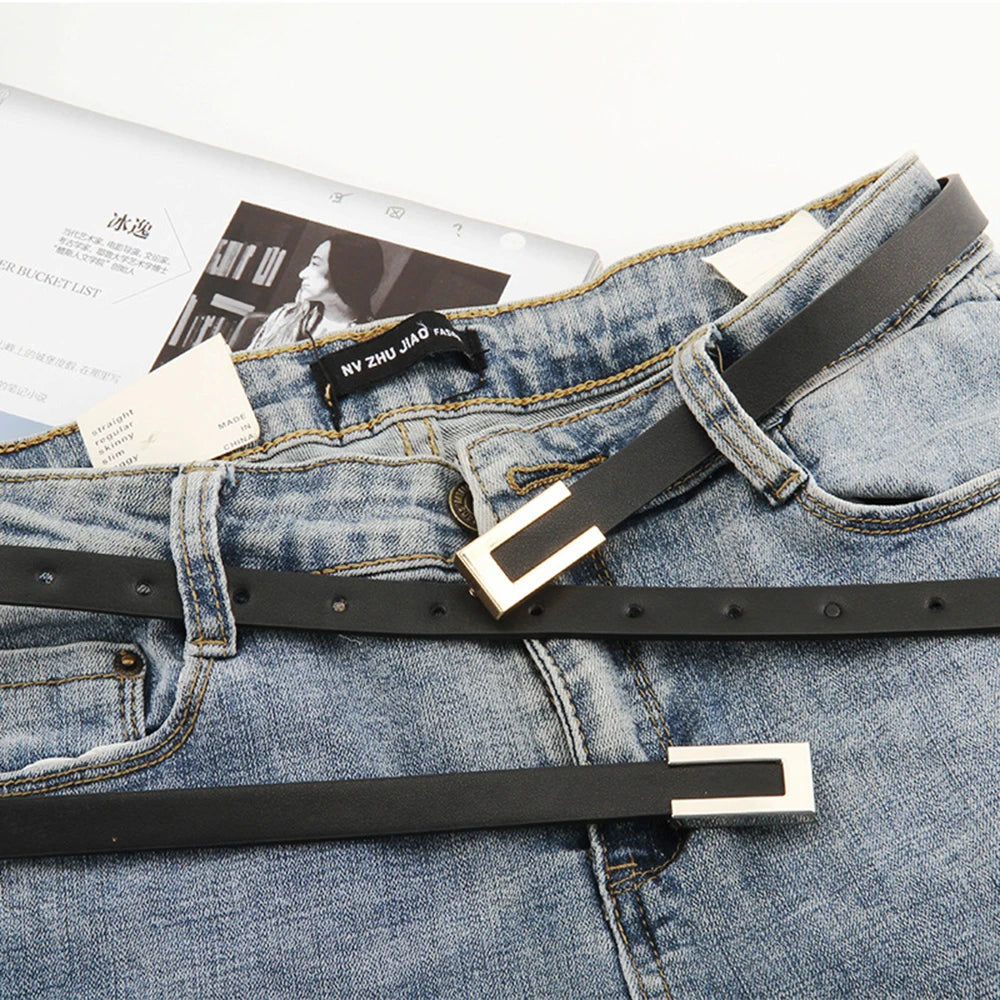 Centură subțire de lux pentru femei, cu cataramă metalică neagră, aurie și argintie, PU, din piele, casual, pentru pantaloni, rochie decorativă, talie elastică