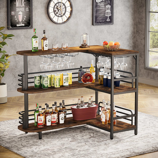 Hausbar 2025: Tribesigns L-Shaped Home Bar Unit - 3 Tier Liquor Bar Table Storage Shelves Wine Glasses Holder Collection