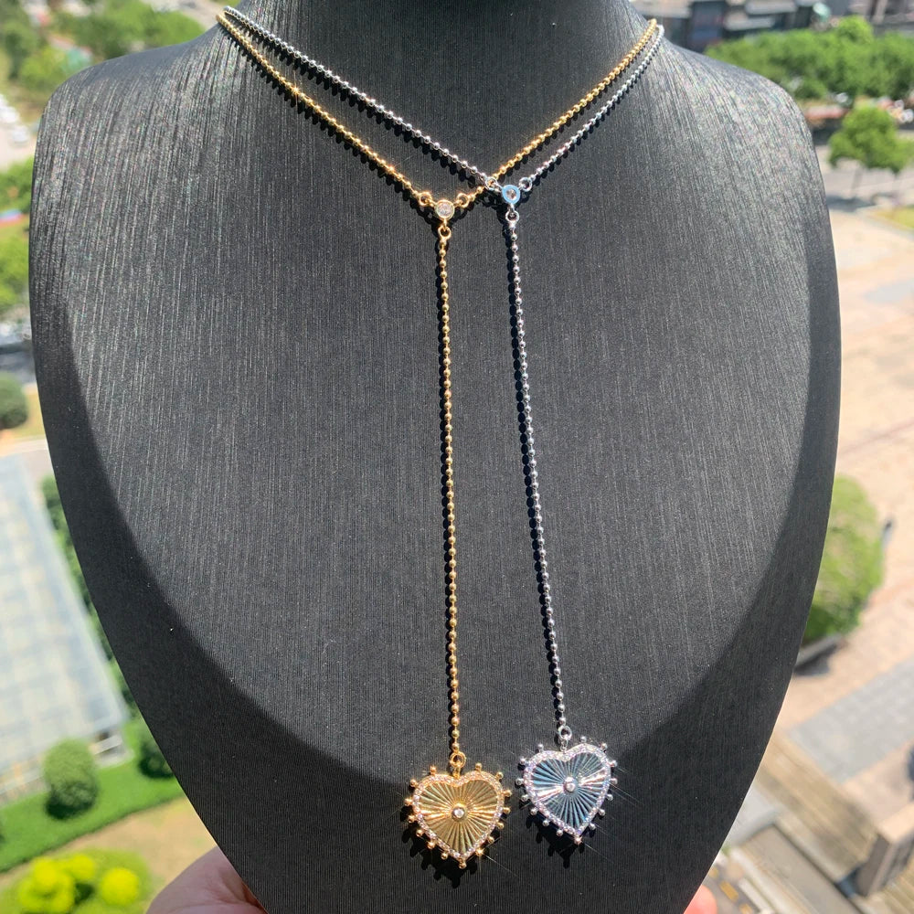 Gold Color Bead Chain Love Heart Pendant Micro Pave Sparking Cz Long Y Lariat Sexy Necklace Women Boho Sweater Chain Jewelry