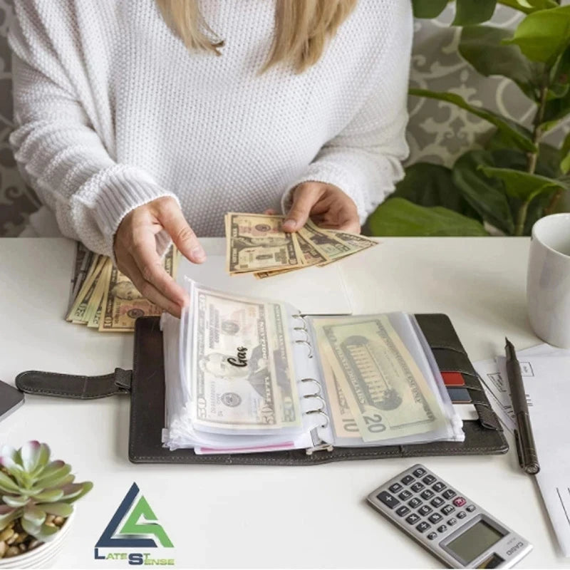 Caiet din piele PU A6 2025 - Organizator de planificator DIY cu 8 buzunare, foi de buget, școală