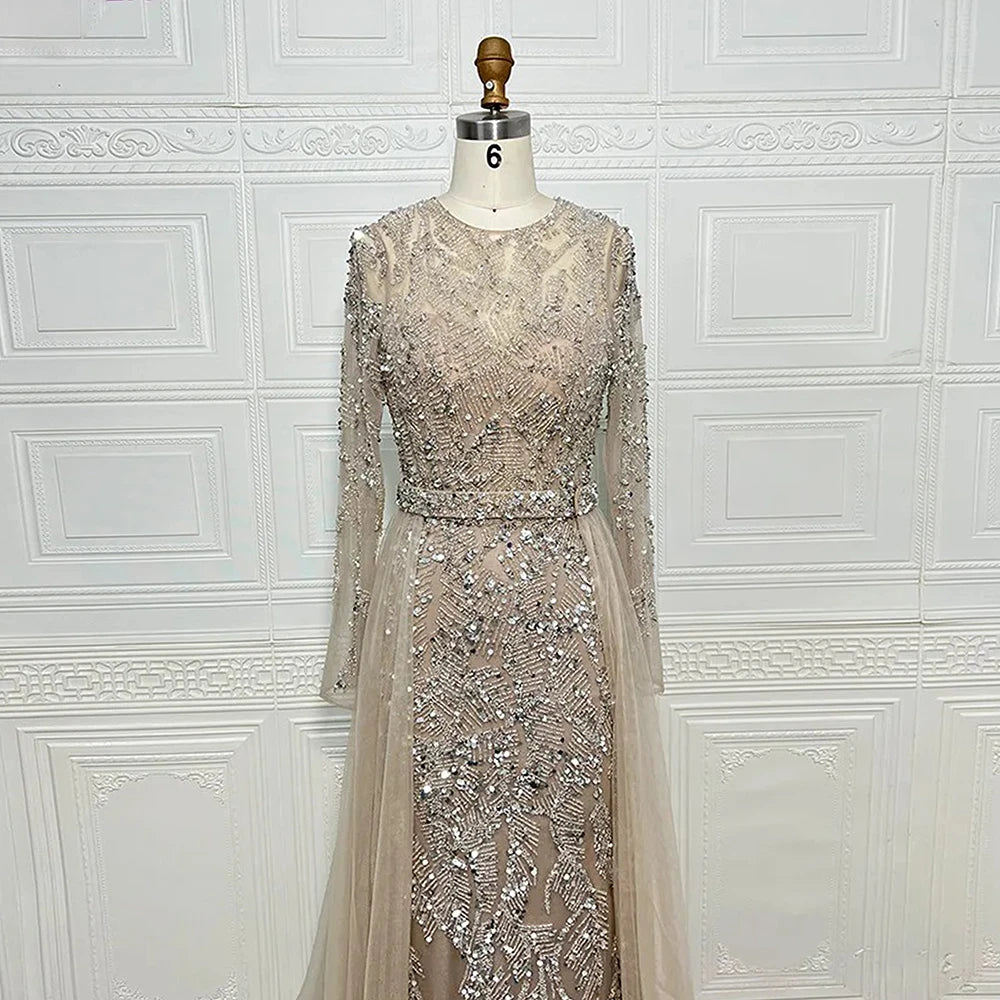 Rochie de seară elegantă pentru femei 2025 musulmană, mâneci lungi, sirenă, trenă detașabilă, mărgele, rochie de bal formală, nuntă, petrecere, personalizată