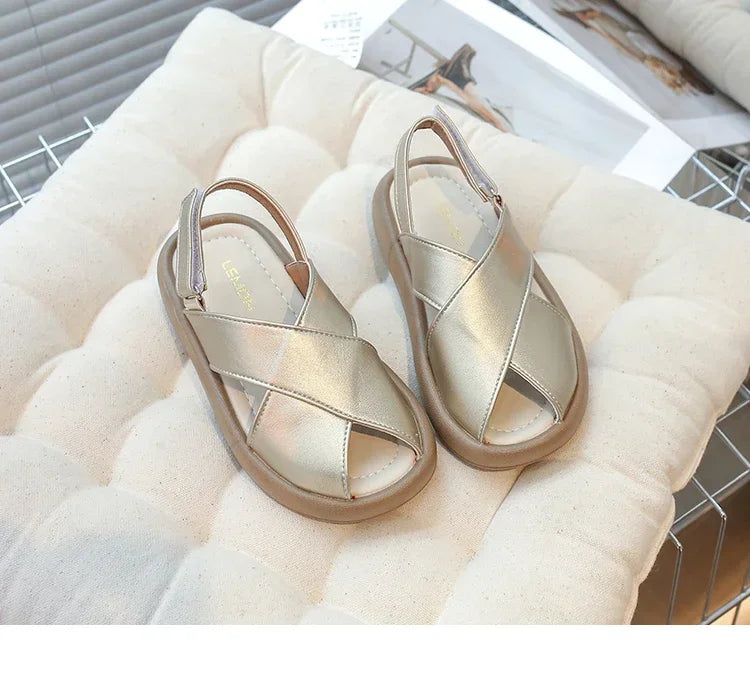 Girls Flats Solid Color Trendy Kids Sandals Hook&loop Adjustable 2025 Summer New Boys Fashion Beach Shoes Hollowed-out Chic