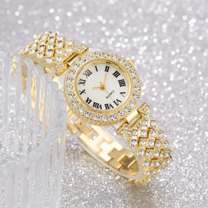Mode Luxus Vollkristall 5-teiliges Set - Uhr Halskette Ohrringe Ring Set für Damen - Strass Armbanduhr Damen Armband Set Geschenk