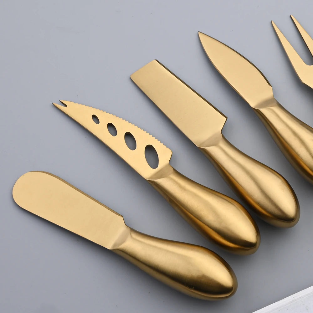 AJOYOUS Cheese Knife Set Cheese Stainless Steel 6Pcs Gold Cheese Slicer Cutter Handle Mini Knife Butter Knife Spatula Fork Matte