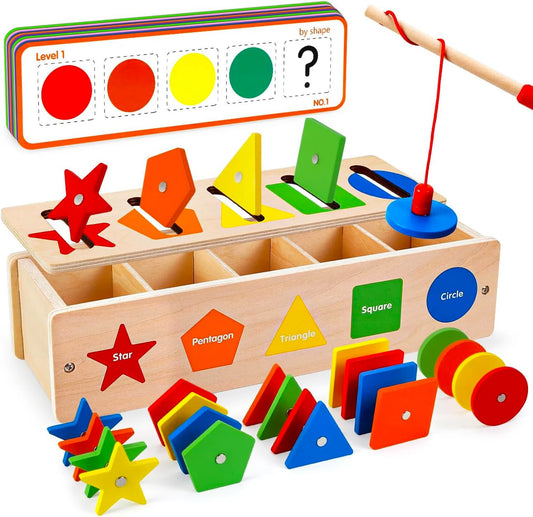 Toddler Montessori Toys Wooden Shape Color Sorting Toys Fine Motor Skill Fishing Game Activities Early Learning Educational Toys