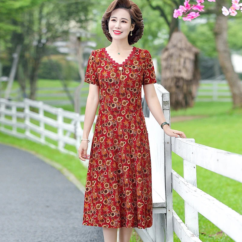 Elegant Women Dress Elegant Casual V-Neck Print Vintage Ladies Mid-Calf High Waist Summer Bohemian Dresses