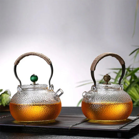 Glass Teapot High Temperature Resistant Tea Set Handmade Hammered Texture Flower Teapot With Handle To Make Teapot Gaiwan Pu Erh - Golden Bridge Store