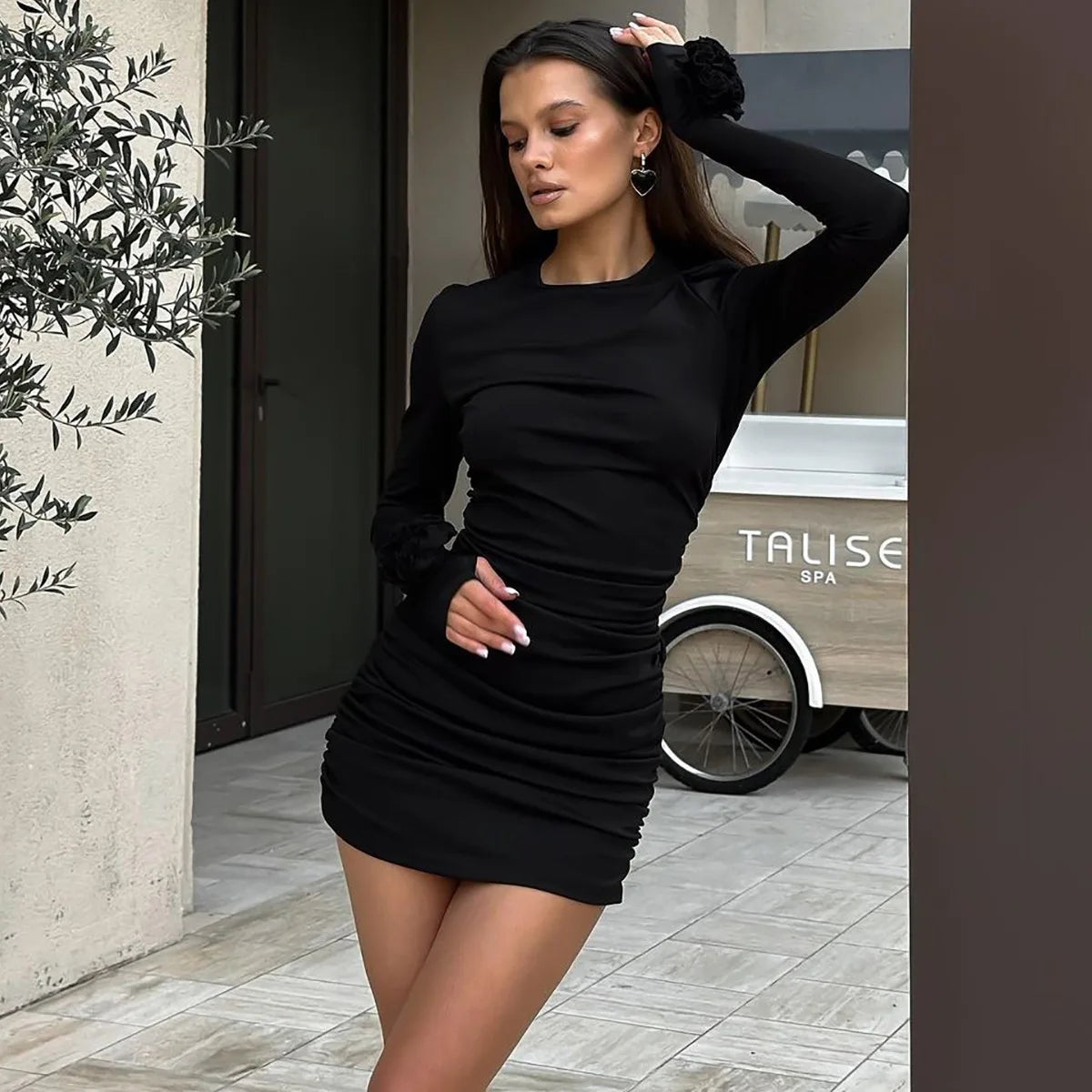 Elegant Woman Clothing Flowers Long Sleeve Party Evening Party Club Short Dress Package Wrap  Autumn  Ruched Mini Dress