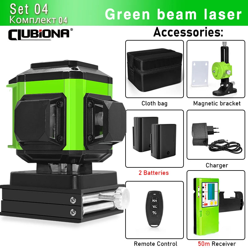 CLUBIONA 16/12 lines Self-leveling Remote Control Outdoor Mode - Receiver Auto 3x360 Green beam Line Laser Level