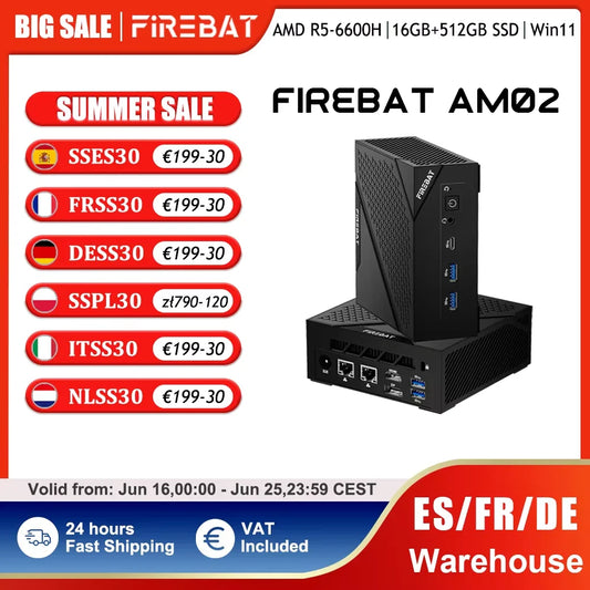 FIREBAT AM02 Mini PC AMD Ryzen 5 6600H - 16GB DDR5 RAM, 512GB SSD, WiFi 6, Bluetooth 5.2