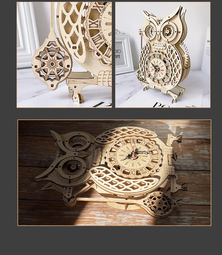 Holz-Puzzle 2025: Wooden 3D Owl Clock Model - Creative DIY Wall Clock Mechanical Retro Pendulum Collection