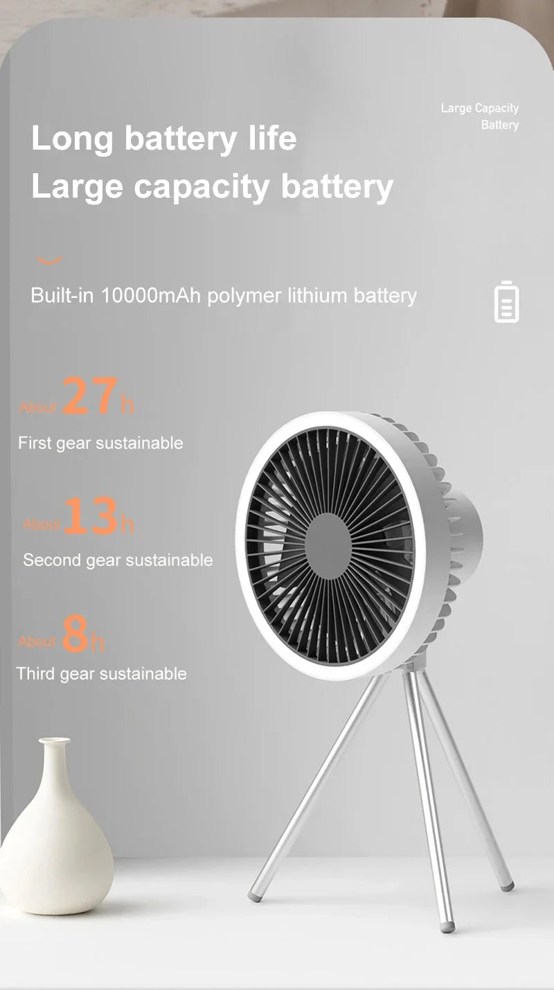 10000mAh Portable Fan Home Outdoor Camping Fan LED Lighting Tripod Stand Desktop with Power Bank Wireless Ceiling Electric Fan