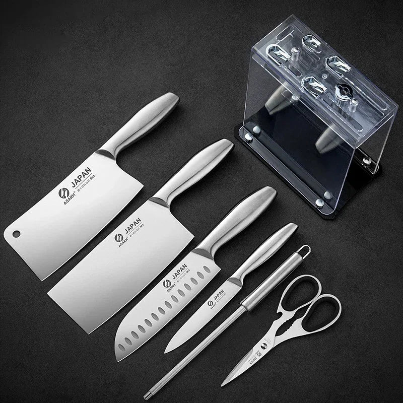 Chef Knife 7-piece Set Stainless Steel Hollow Handle Slice Meat Cleaver Chopping Knife Kitchen Scissors with Sharpening Rod