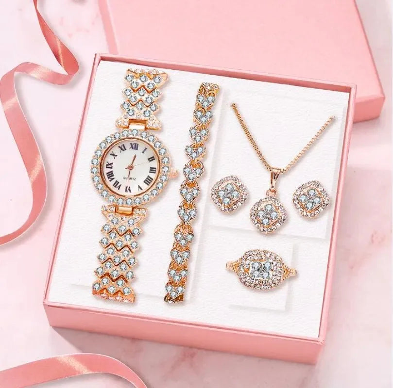 Mode Luxus Vollkristall 5-teiliges Set - Uhr Halskette Ohrringe Ring Set für Damen - Strass Armbanduhr Damen Armband Set Geschenk