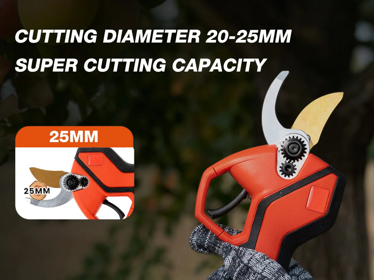 OUTIGO Kabellose Elektrische Gartenschere - 25mm 2x1500mAh mit 2x 21V Akkus für Obstbäume und Weinberge