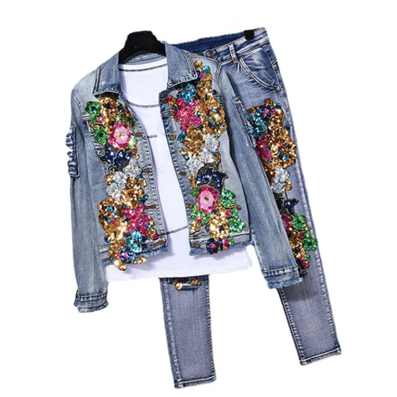 European Style Denim Jacket Fashion Outfit Women New Flower Sequined jeans Vest coat