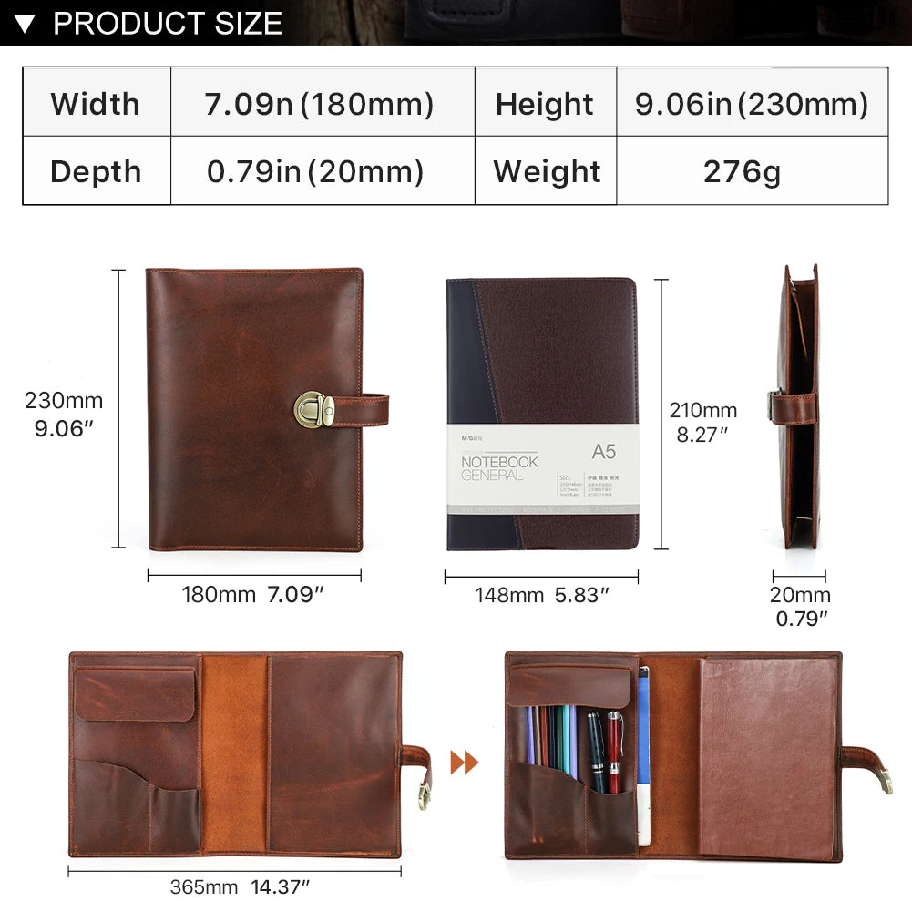 Luxury Retro Genuine Leather Notebook A5 Cover Case with Pen Holder Metal Buckle Journal Office Diary Travel Handmade Sketchbook