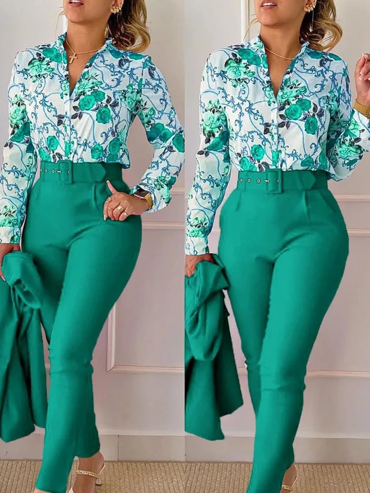Femei elegante cămașă două piese set costume toamna nouă modă imprimare mânecă lungă top pantaloni negri set cu curea bluze îmbrăcăminte feminină
