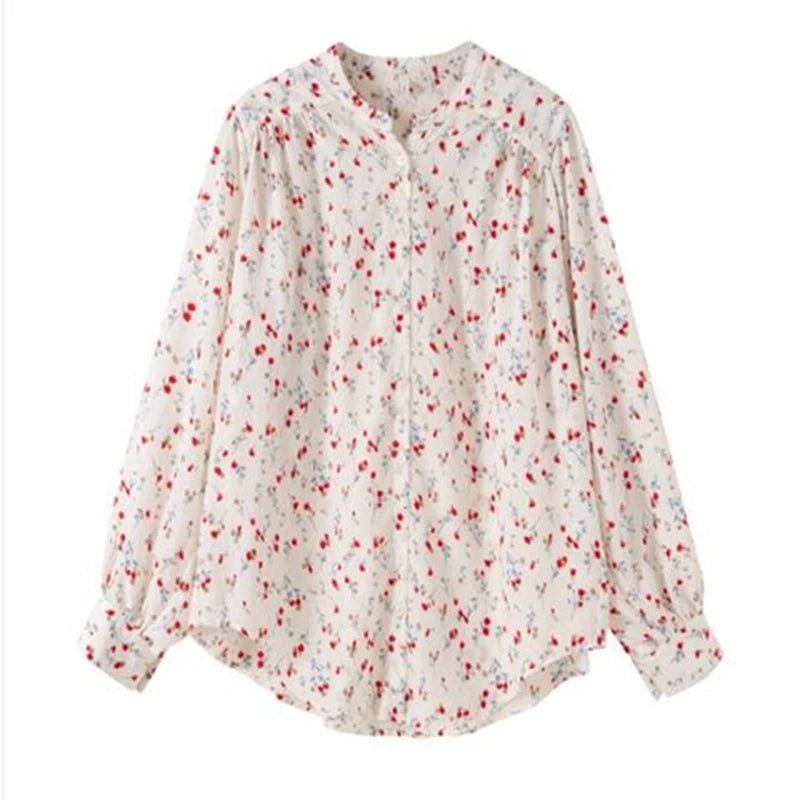 Bluză elegantă cu imprimeu floral delicat, cu farmec floral, pentru femei, din șifon, cu mâneci bufante, cămașă de birou, cu gât O, cu un singur rând de nasturi