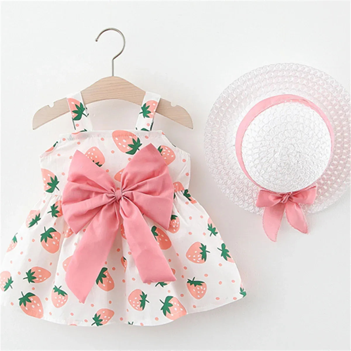 Summer Baby Girl's Dress Small Round Dot Strawberry Print Chest Bow Daily Casual Dress with Hat - Golden Bridge Store