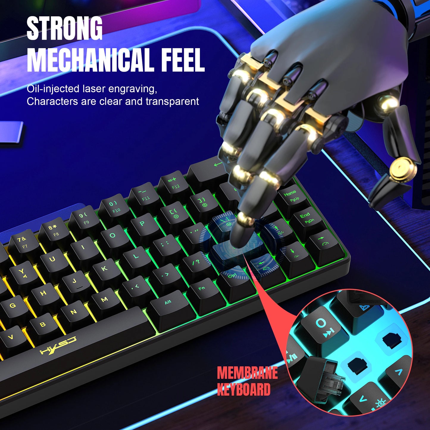Gaming-Tastatur 2025: HXSJ 60% Percent Gaming Keyboard Ergonomische kleine Mini-Membran-Tastatur, komprimiert mit RGB-Hintergrundbeleuchtung für Windows-PC- und Laptop-Gaming