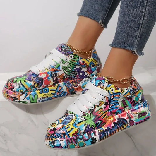 Women Sneakers Thick-soled Increased Women Sneakers New Hand-painted Graffiti White Women Shoes Outdoor Casual Shoes Plus Size - Golden Bridge Store