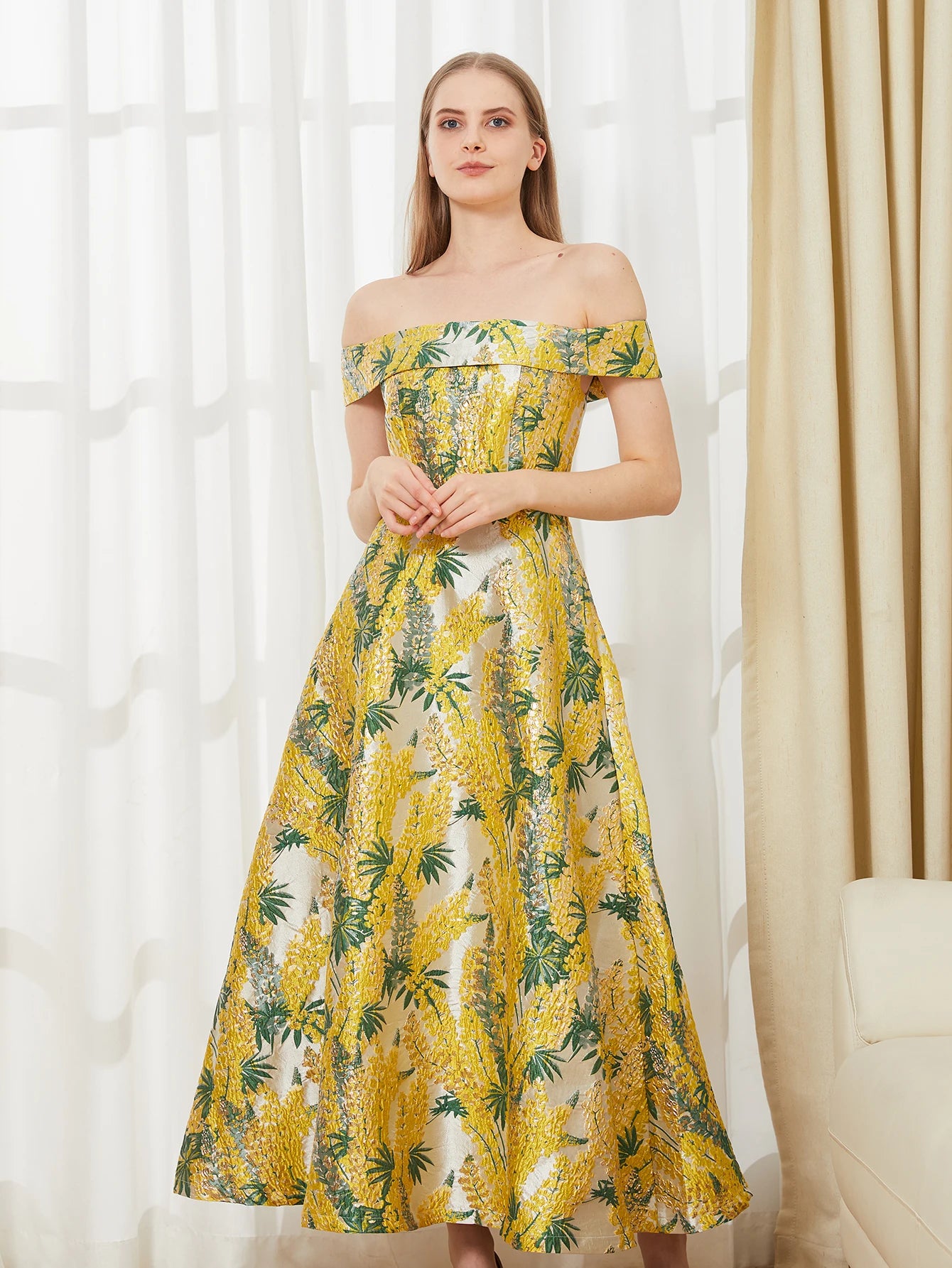 Belle Mode Abendkleid Off-Shoulder Jacquard - Maxi Lang