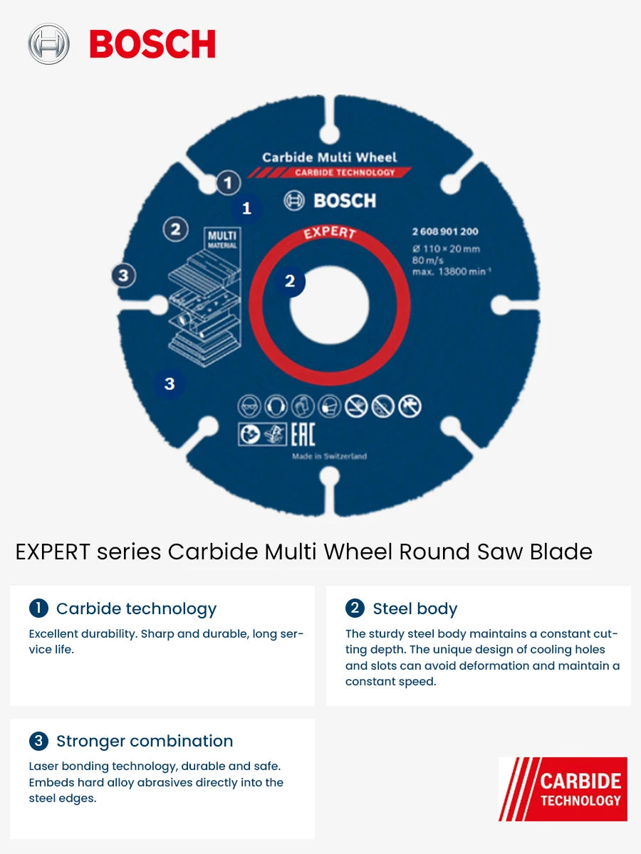 Bosch Expert Cutting Wheel 110Mm Carbide Muti-Material Cutting Disc for Wood Plastic Drywall Hardwood Angle Grinder Accessories