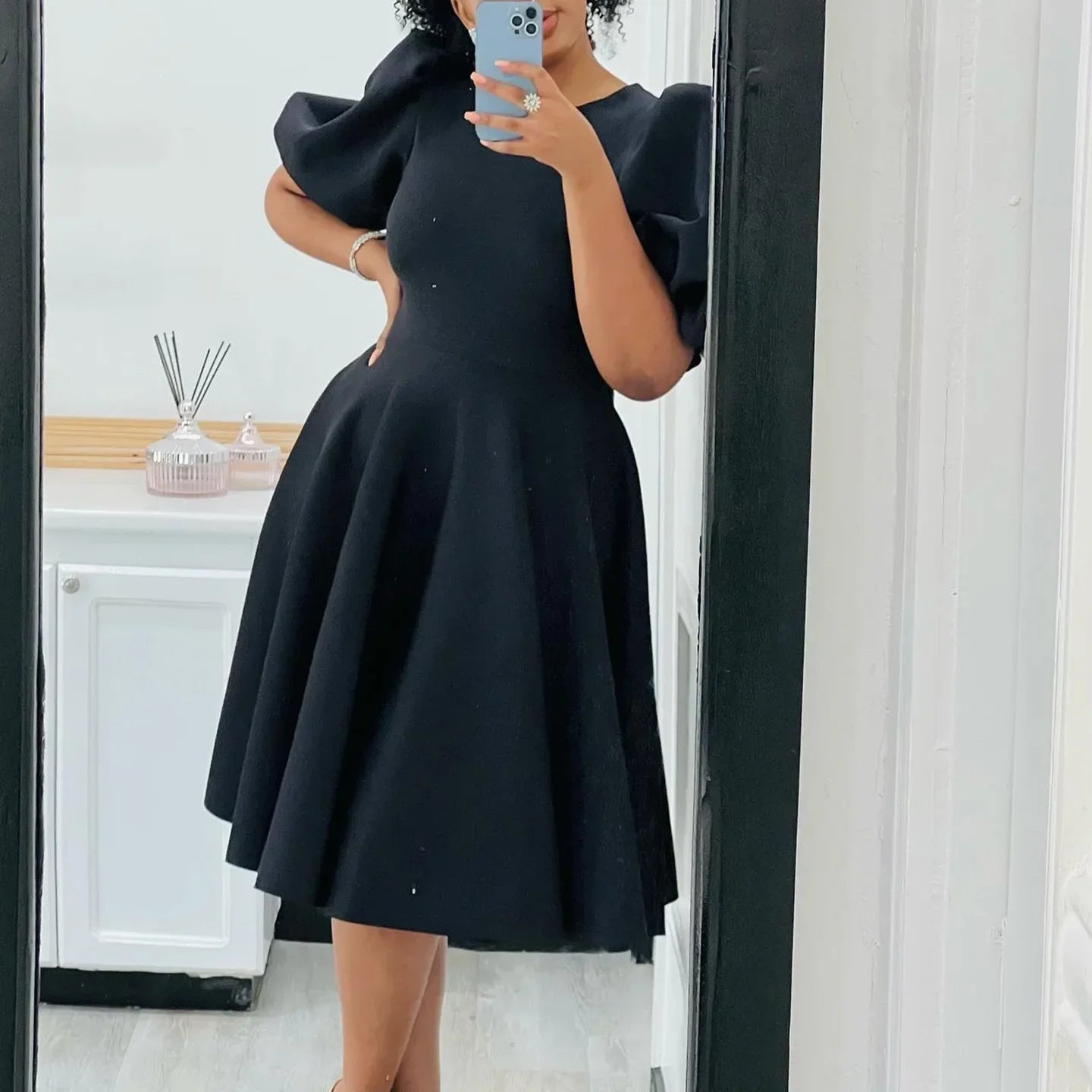 Elegante Kleider Für Frauen 2024 O-Ausschnitt Kurze Ärmel Hohe Taille Plissiert Midi Luxus Weiblich Geburtstag Party Dinner Vestidos
