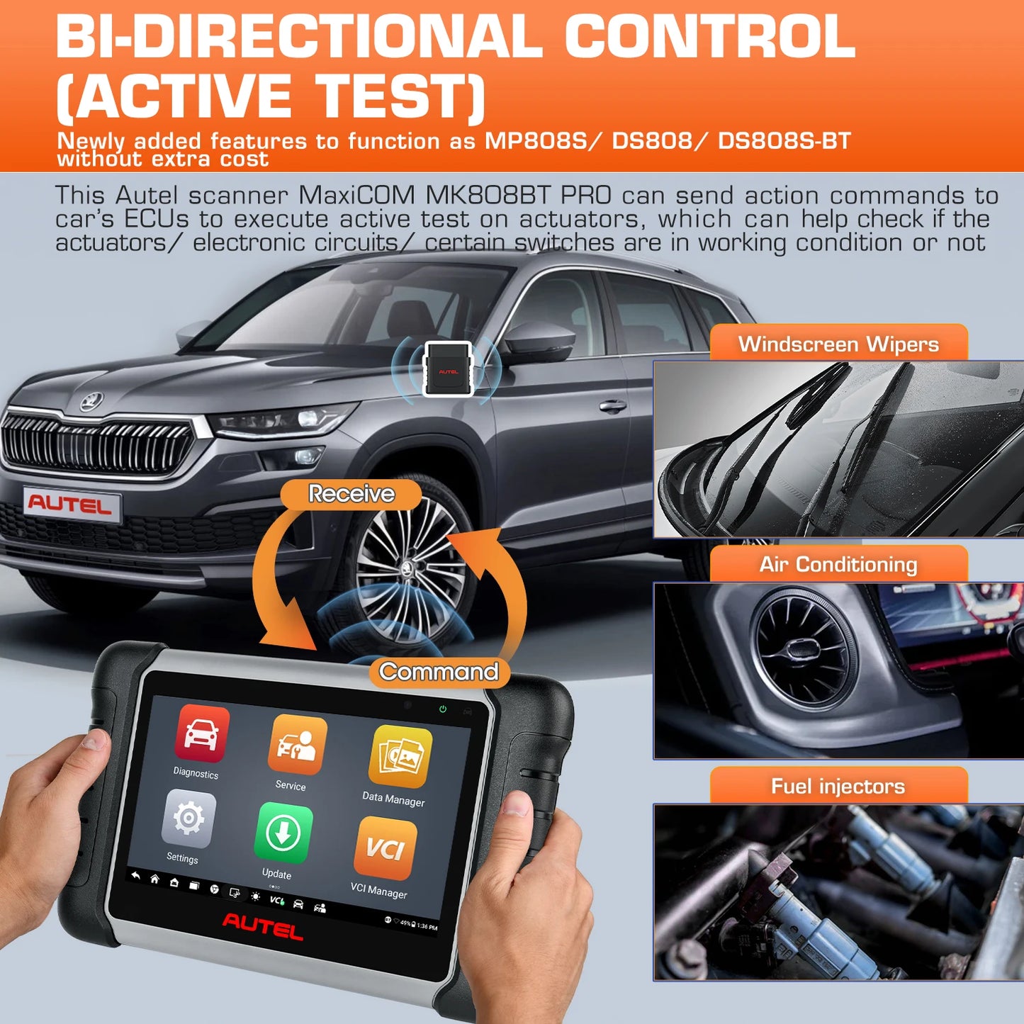 Autel MaxiCOM MK808BT Pro OBD2 Scanner Instrument de diagnosticare auto Cititor de coduri cu test activ, diagnosticare completă a sistemului, peste 28 de servicii