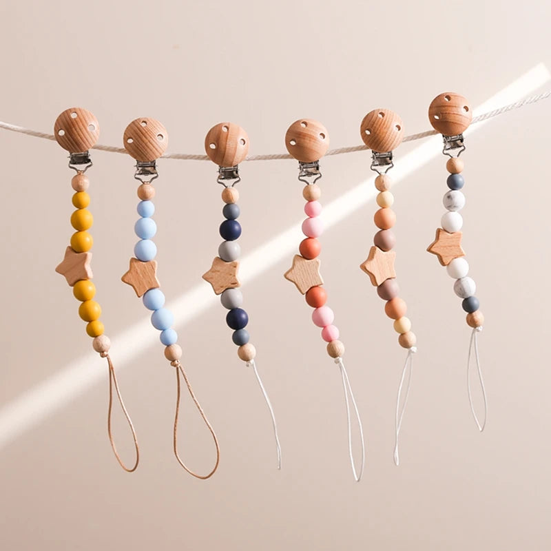 Lanț pentru suzeta bebelușilor, cu stele, personalizabile, cu mărgele, cleme din lemn pentru suzetă, fără BPA, lucrate manual, lanț pentru sugari, lanț pentru alăptarea sugarilor