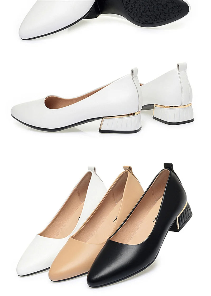 Simple Soft Leather Thick Heel Single Shoes For Women In Summer New Pointed Toe Low Heel White Work Shoes Elegant Comfortable
